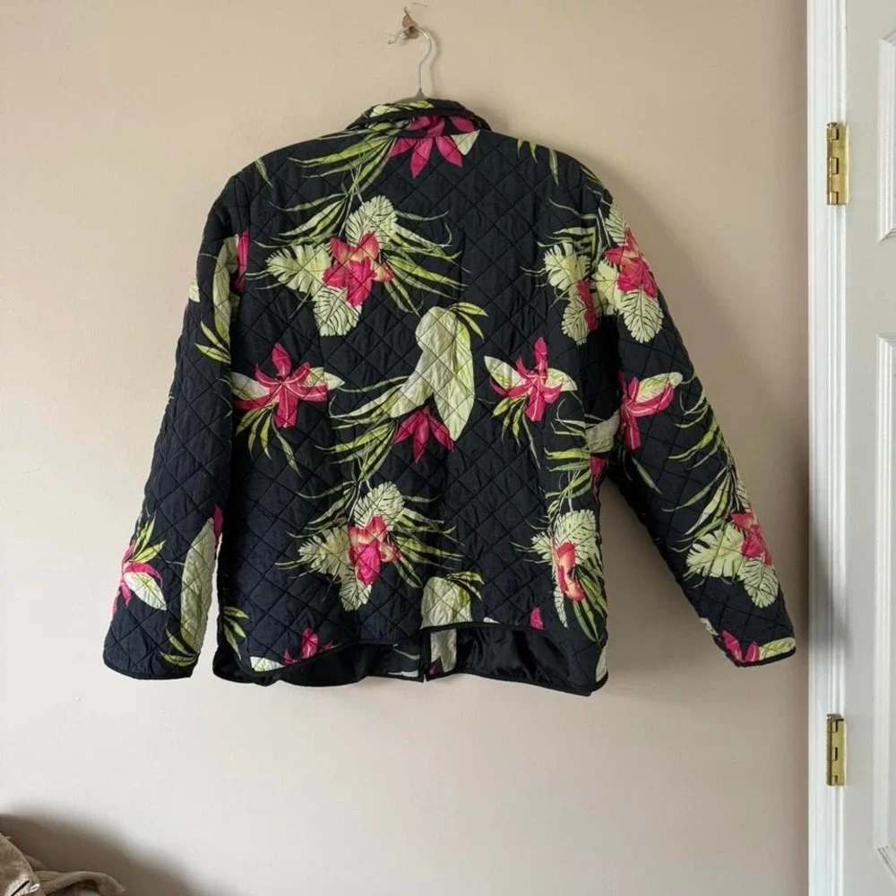 Tropical Flower Silk Quilted Jacket Pink Flower Green Beaded - Picture 3 of 6